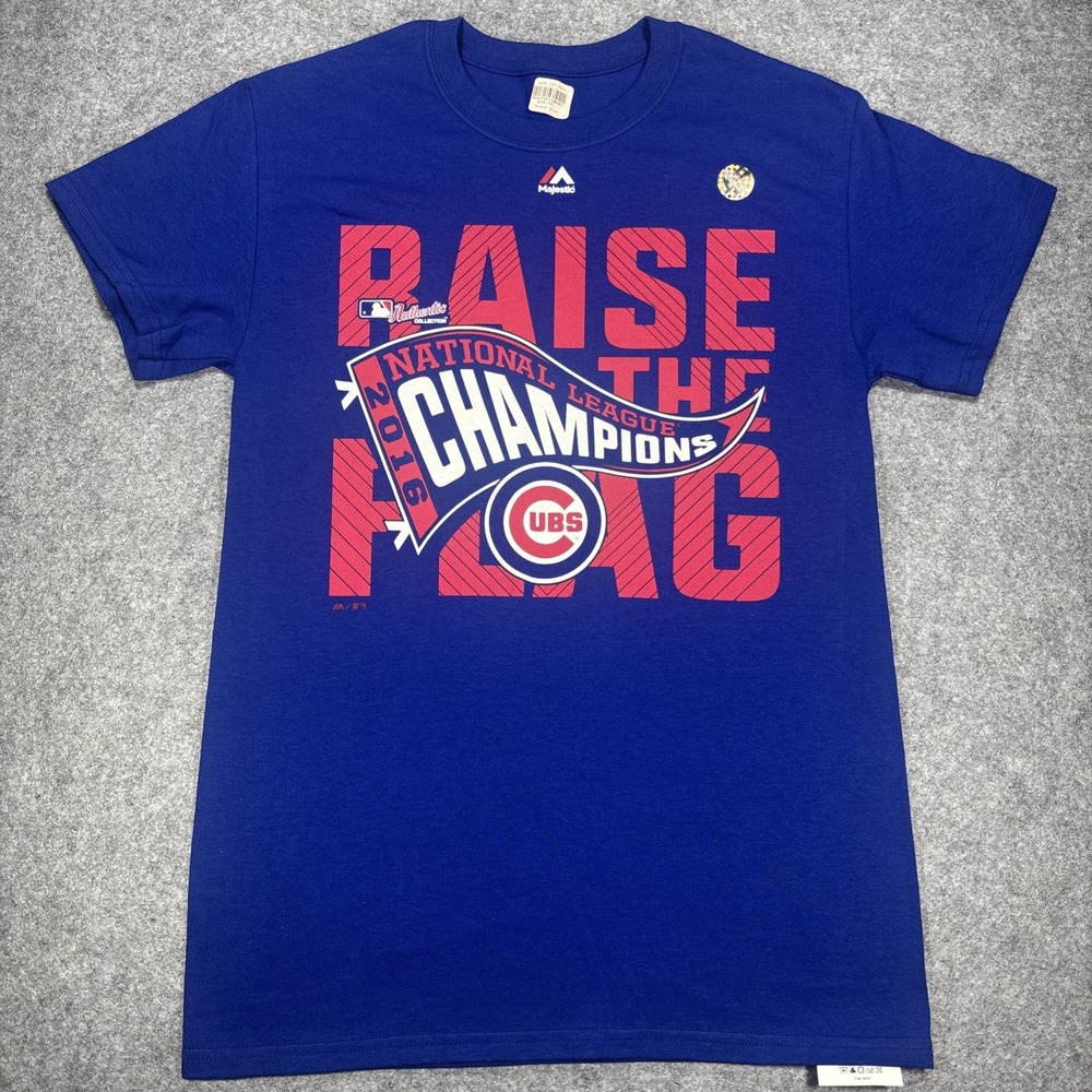 Mens Majestic Chicago Cubs 2016 NL Champs Raise The Flag Baseball Tee T-Shirt LG